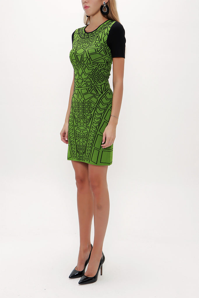Black Green Printed and gem  knit  dress  28563