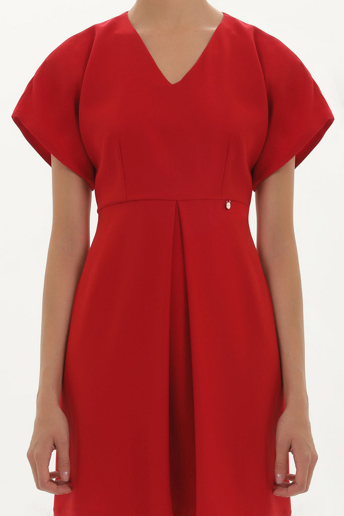 Red V-neck Pleated skirt mini dress 91417