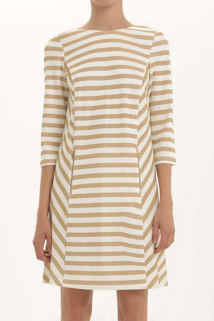 Ecru Zipped, striped knit mini dress 91450