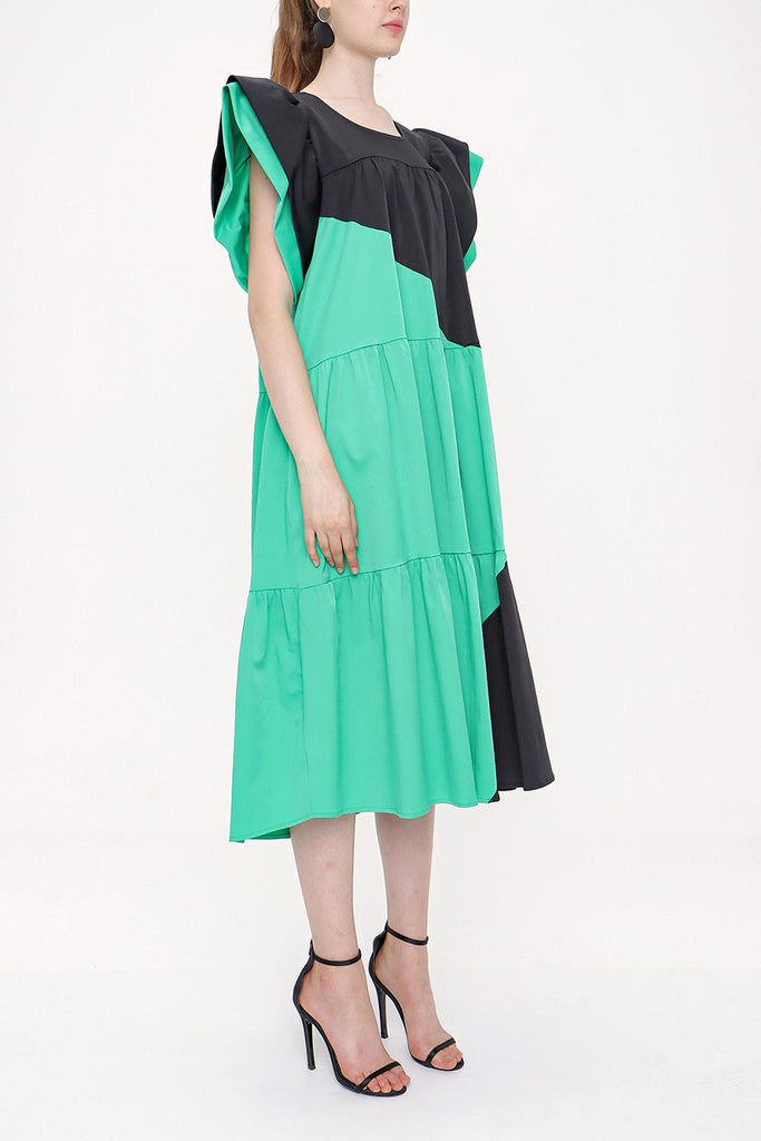 Black Green Kontrast colorful shirred dress 93944