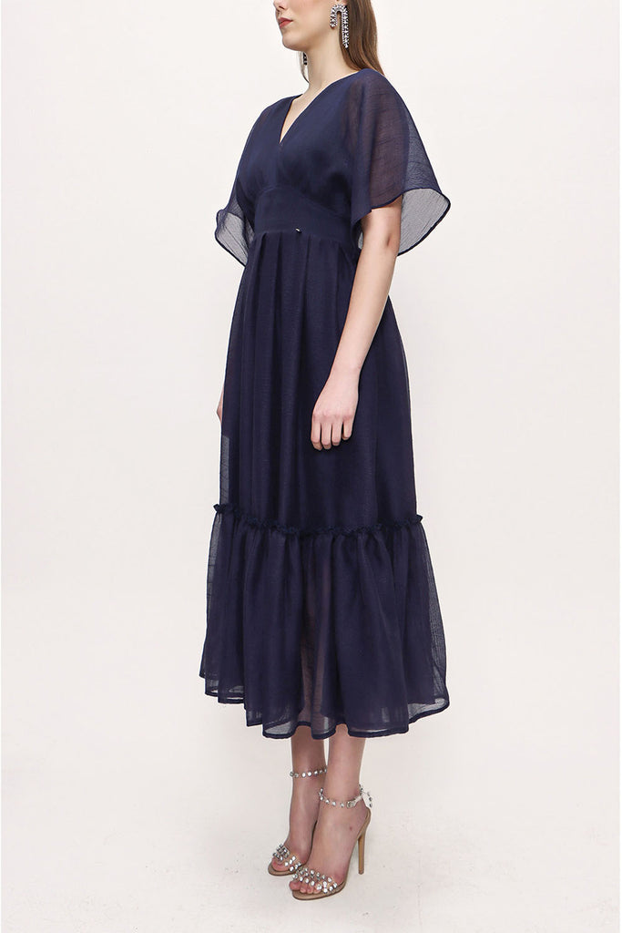 Blue V neck pleated dress 93128