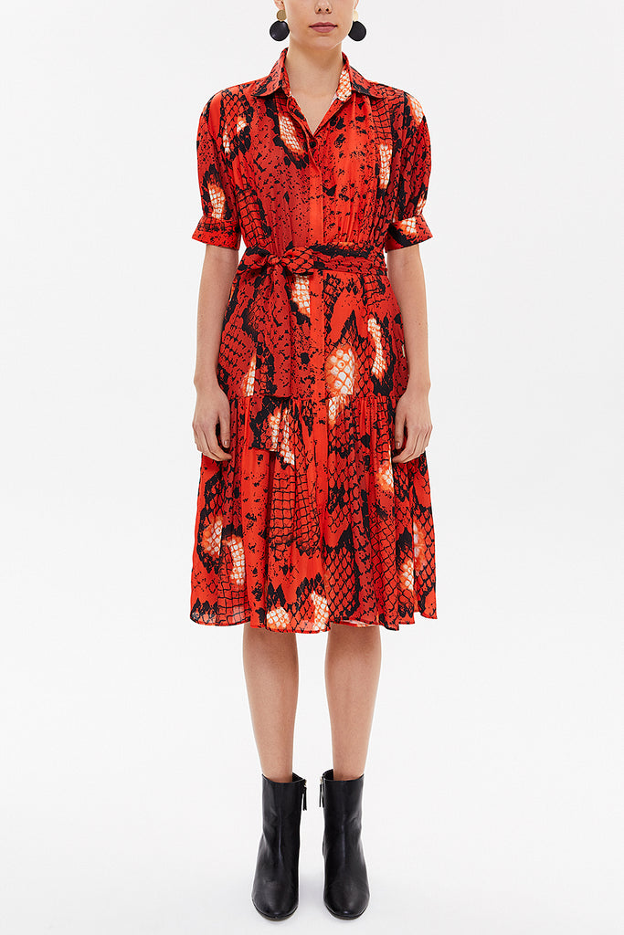 Red Balloon sleeve, gathered midi dress 92724