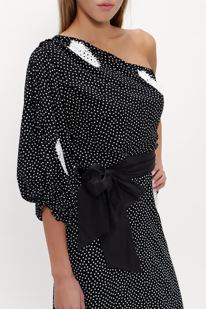 Black One shoulder godet midi dress 92802