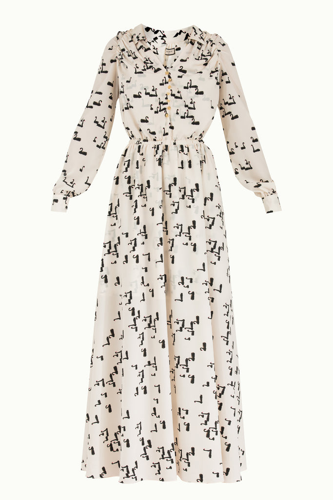 Omuzları Büzgülü Düğmeli Uzun Desenli Elbise  92251