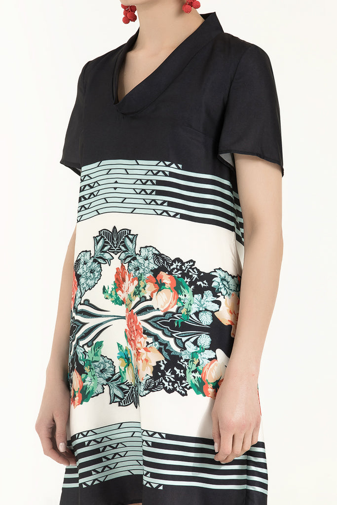 Kadın Desenli Degaje Yaka Elbise Siyah 91541