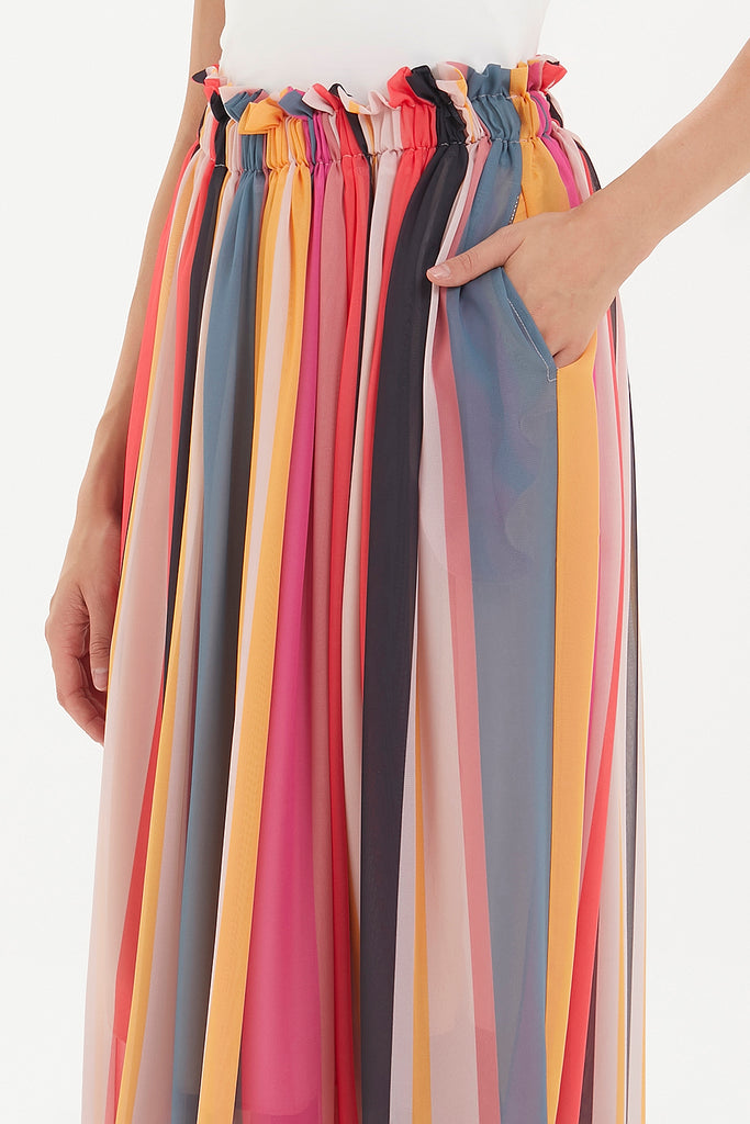 Striped Elastic  maxi chiffon skirt  81021