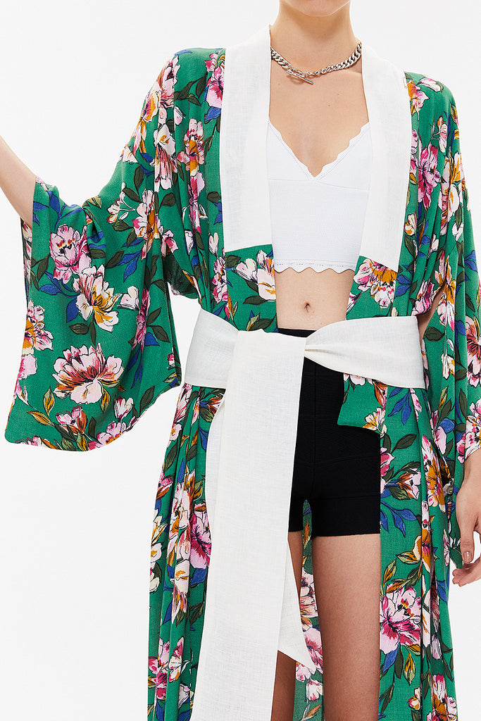 Green Long kimono belted dress 92737