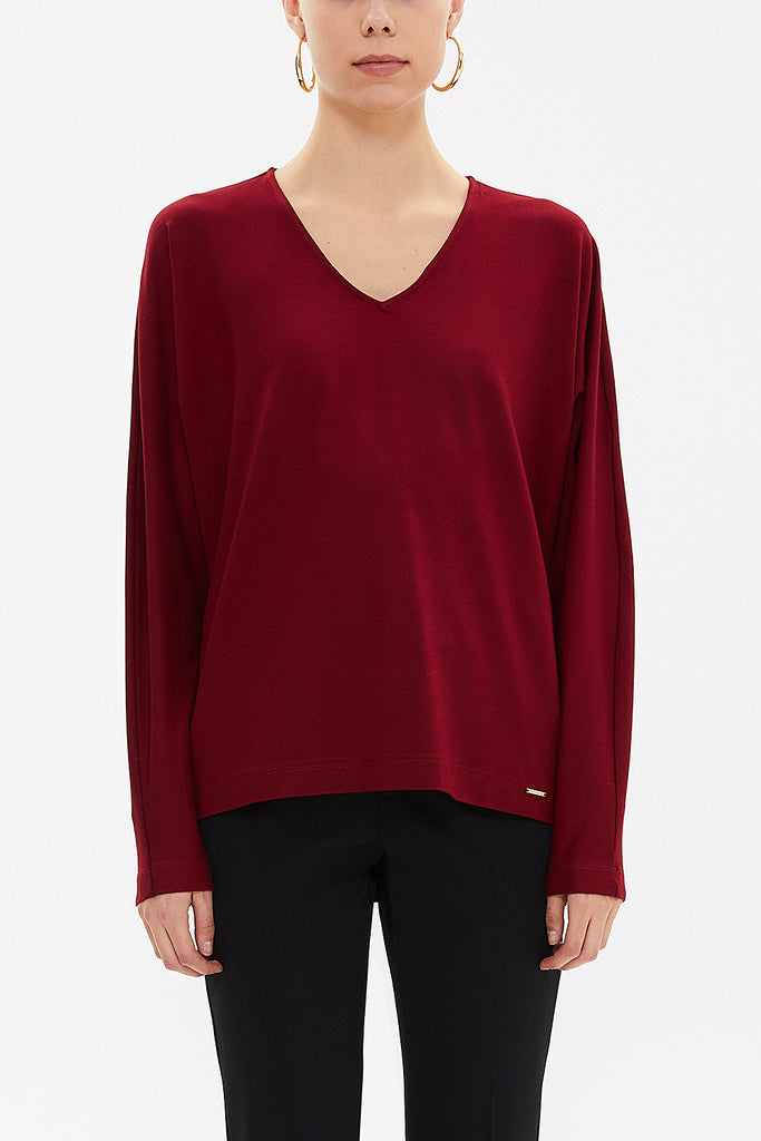 Burgundy V-neck  wide cut blouse  19784