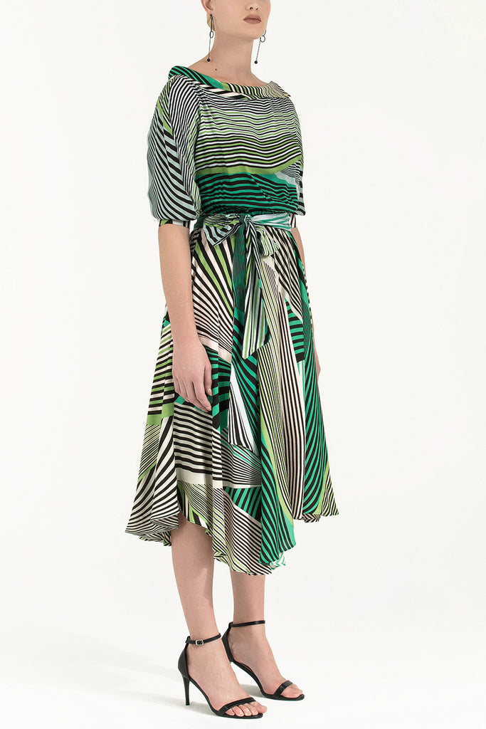 Asimetrik Kesim Düşük Omuz Desenli Elbise Yeşil 92271