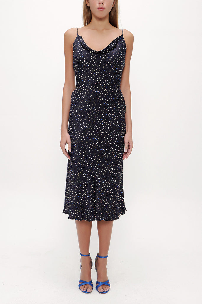 Navy Blue Degage collar spaghetti straps midi dress 92844