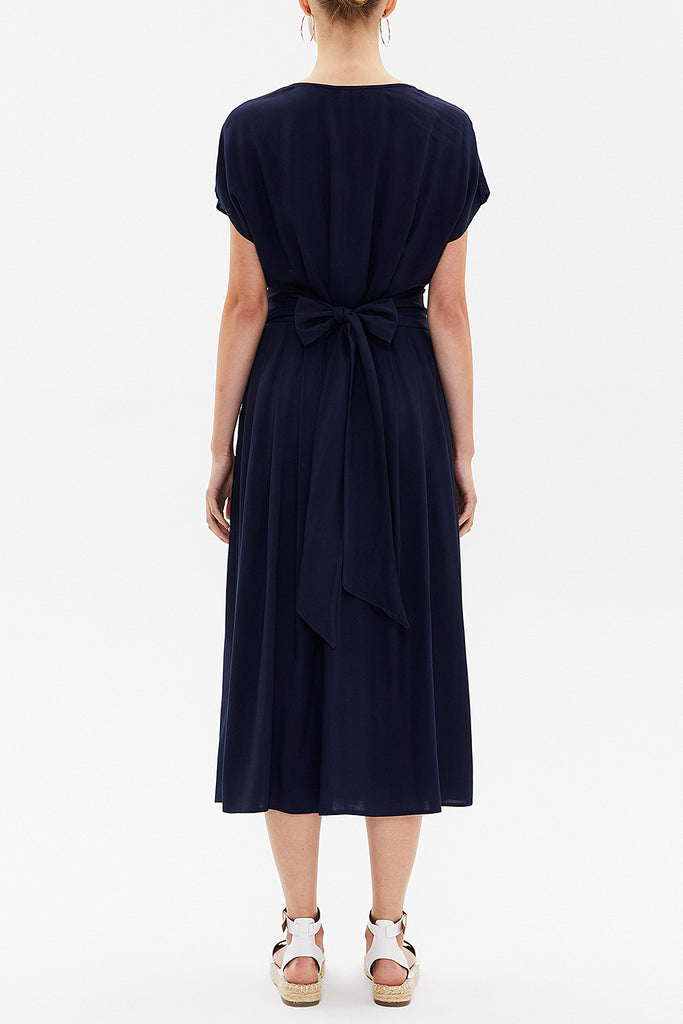 Navy Blue V-neck waist tie midi dress 92409