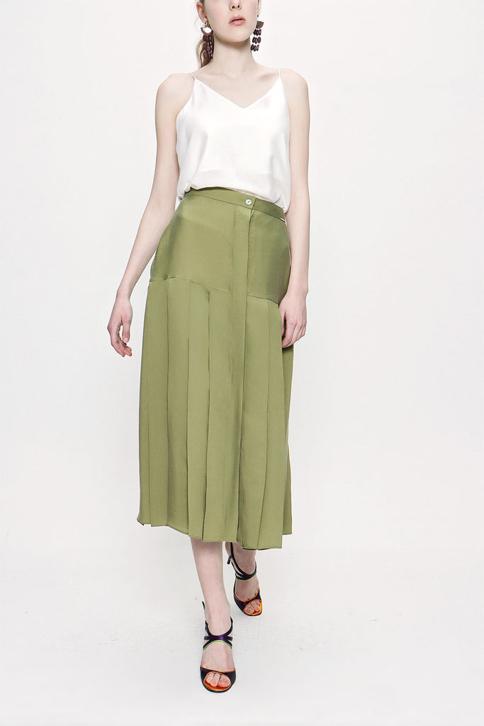 Khaki Elastic  waist godet skirt  81178