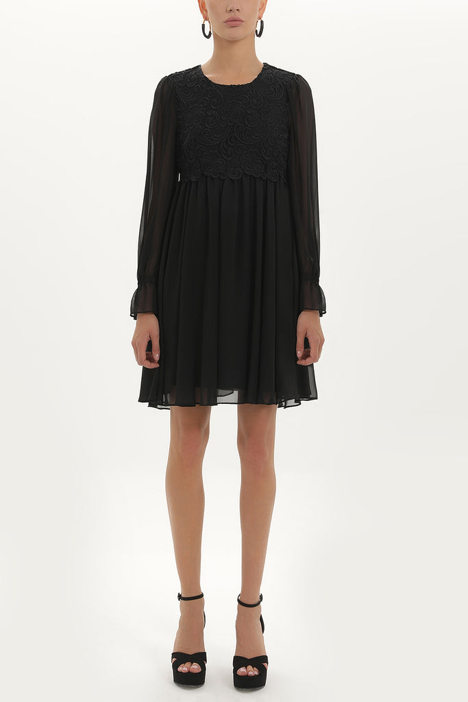 Black Lace detail gathered mini dress 91744