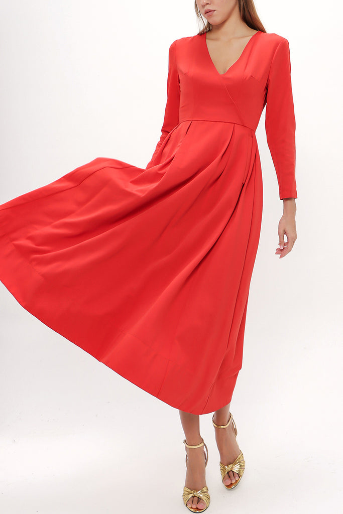 Red Belted V-neck midi dress 92545