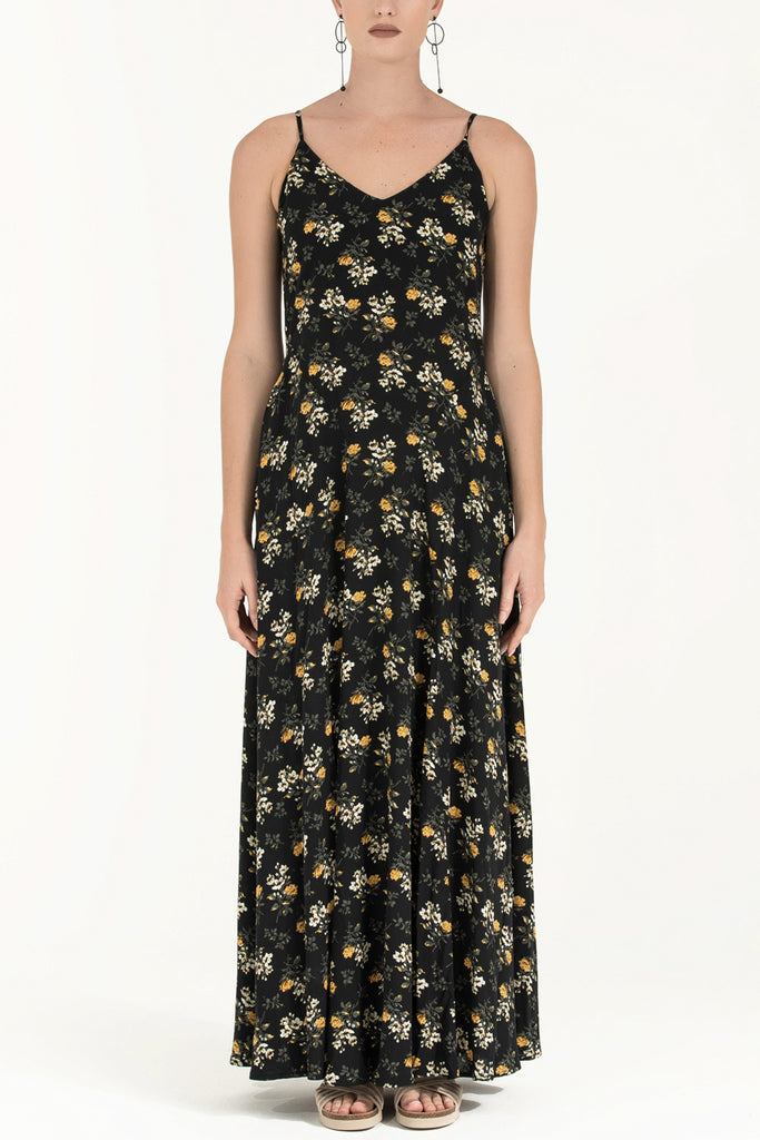 Askılı Desenli Uzun Elbise Sarı