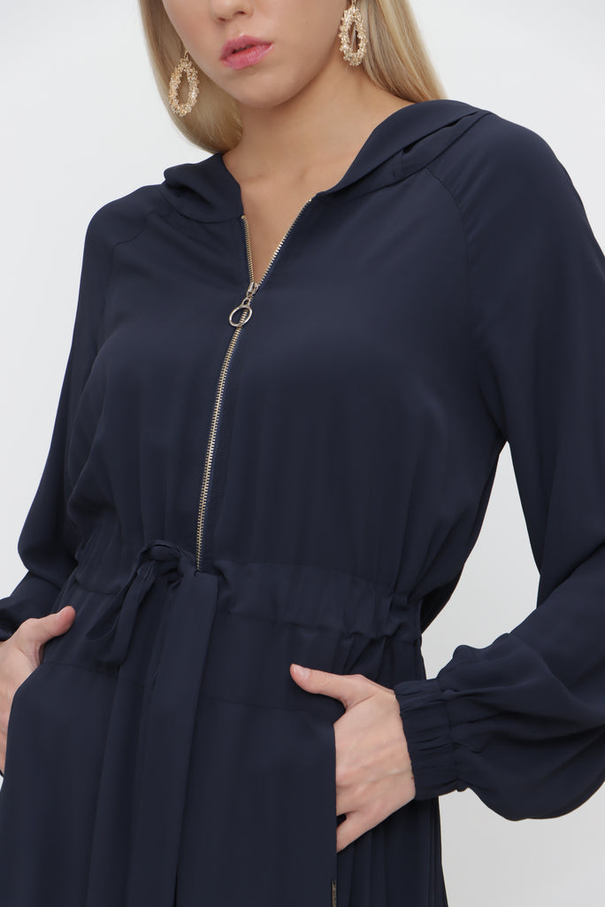 Navy Blue Zipped hooded maxi  dress 93741