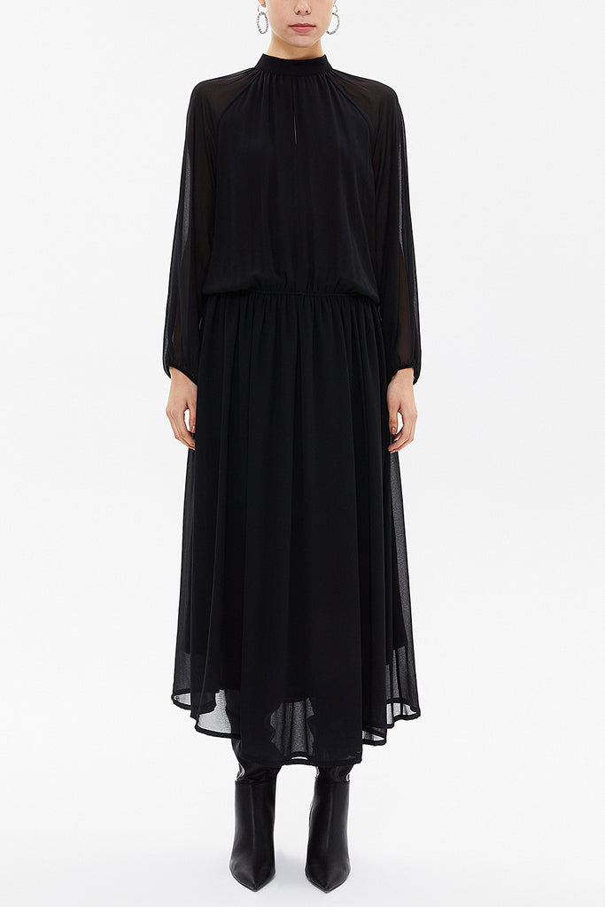 Black Turtle neck Pleated chiffon midi dress 92213