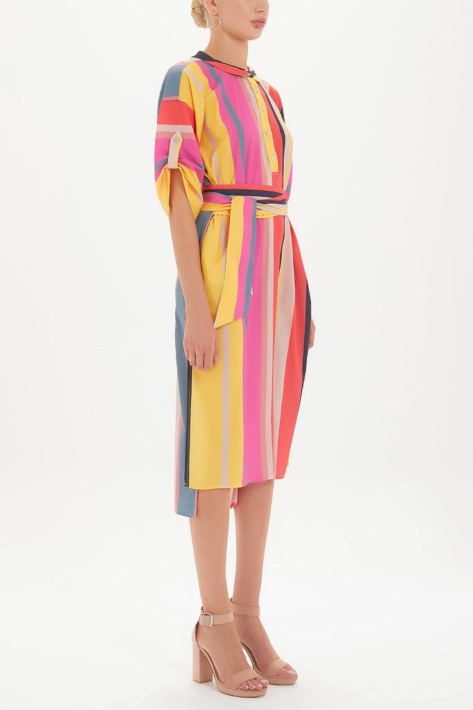 Striped Button wide cut midi dress 92386