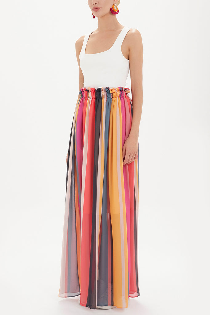 Striped Elastic  maxi chiffon skirt  81021