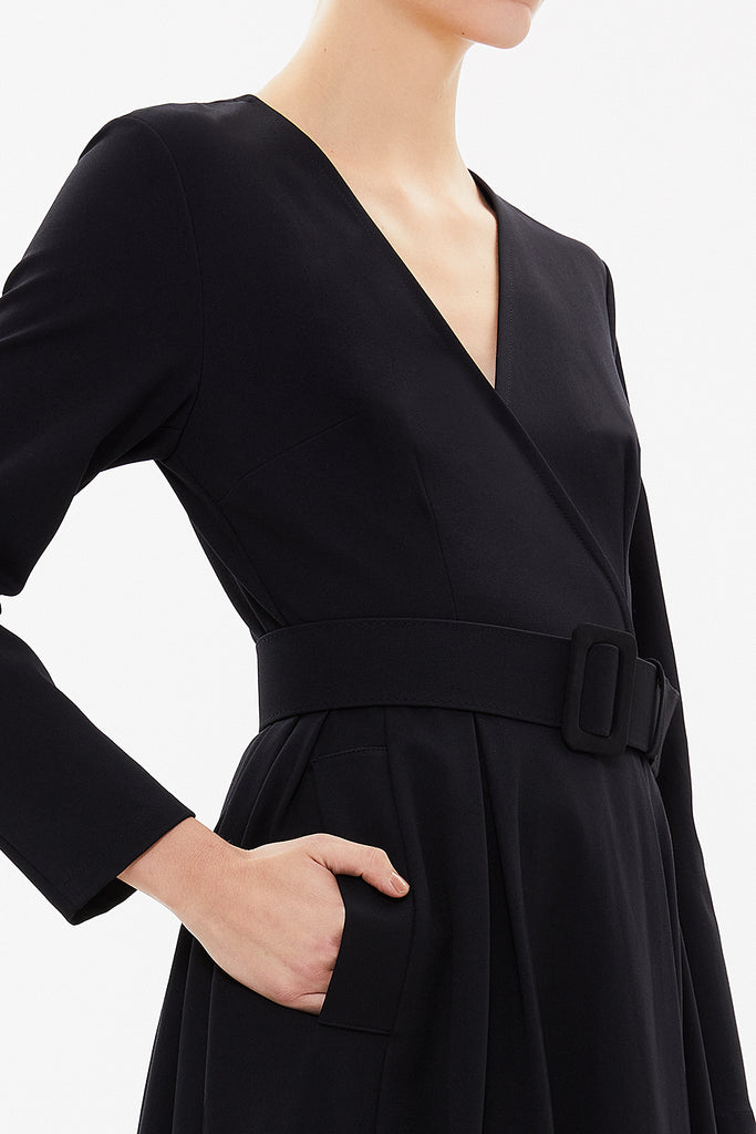 Black Belted V-neck midi dress 92545