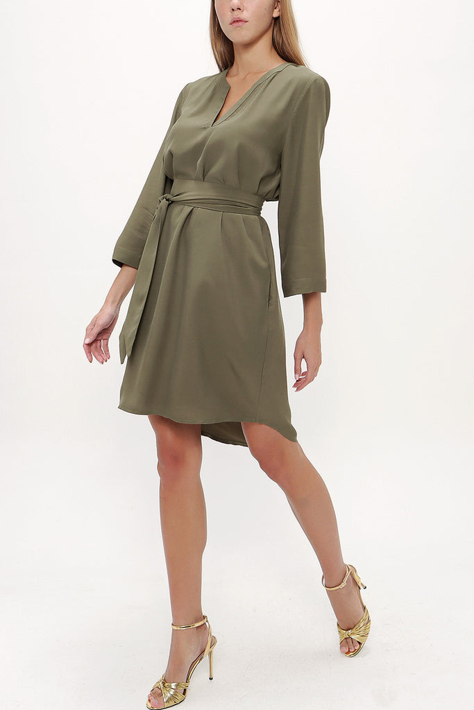 Khaki Belted wide cut mini dress 92383