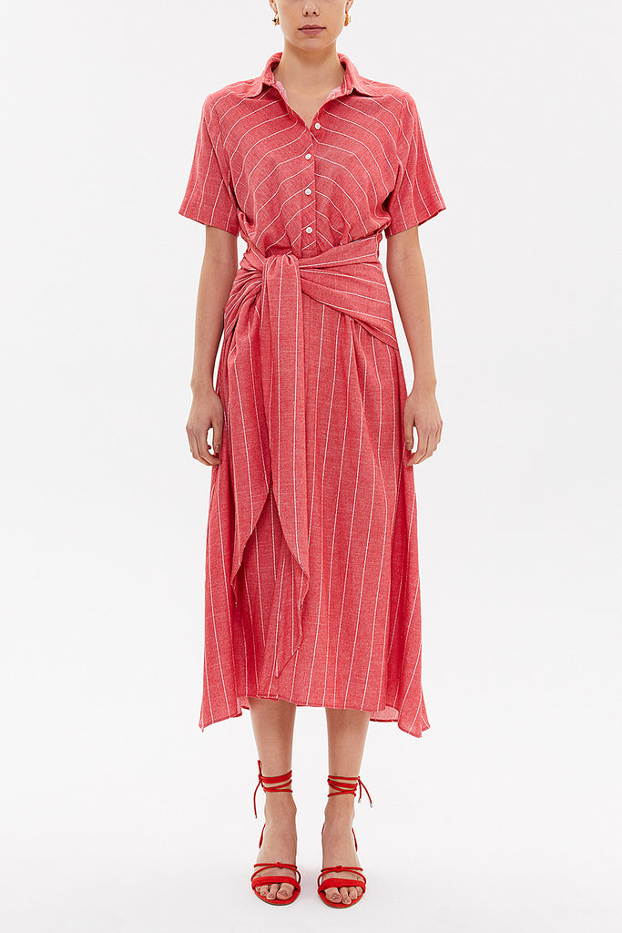 Red Lace-up short sleeve midi dress 92927