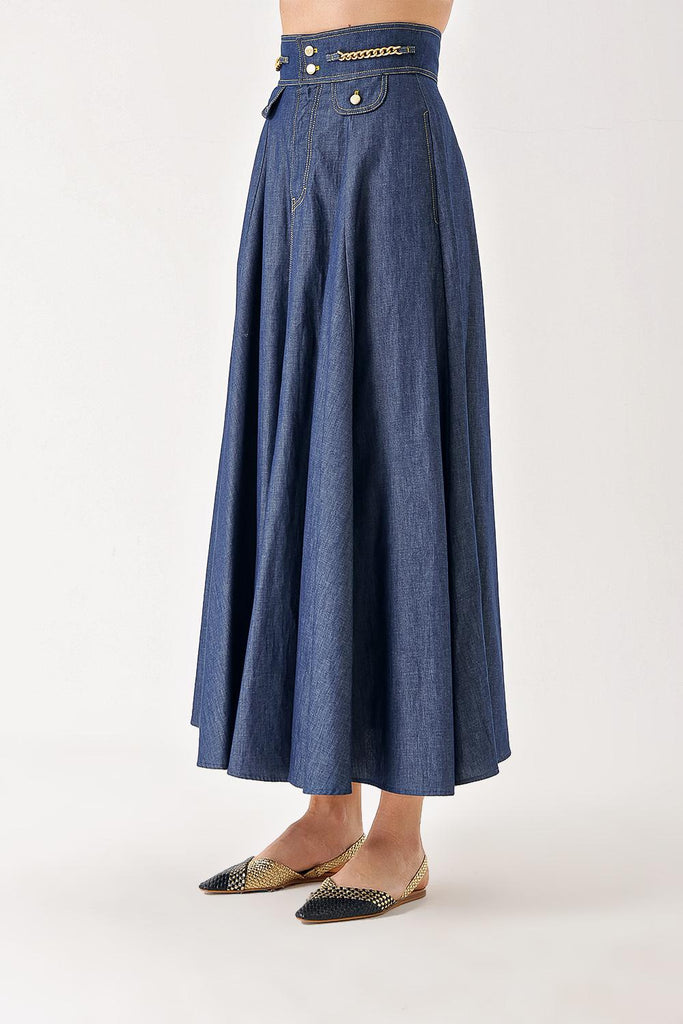 Navy Blue Midi denim skirt with chain detail 81283