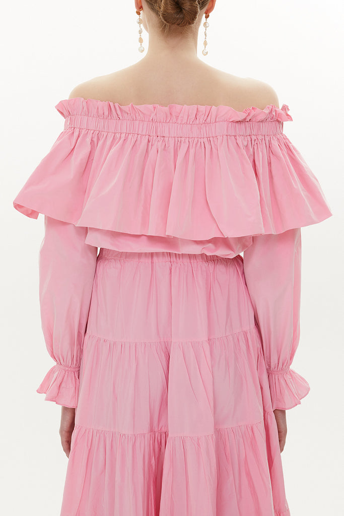 Light Pink Shoulder  elastic  balloon sleeve  crop blouse   19821