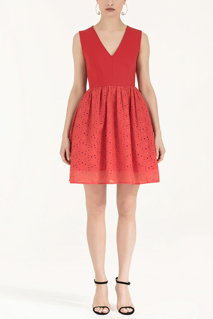 Red Embroidered V-neck mini cotton dress 91756