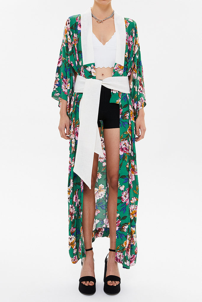 Green Long kimono belted dress 92737