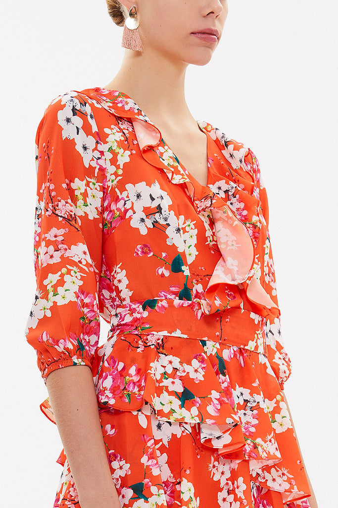 Orange Asymmetric V-neck midi dress 92268