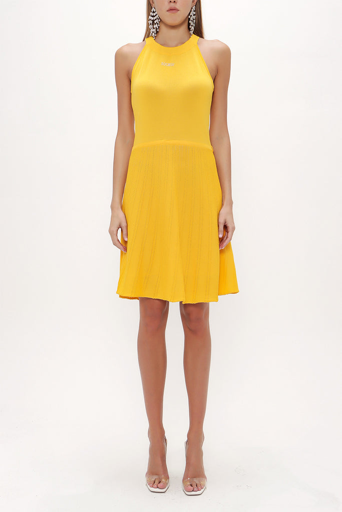Yellow Pleated skirt knitwear dress 28057