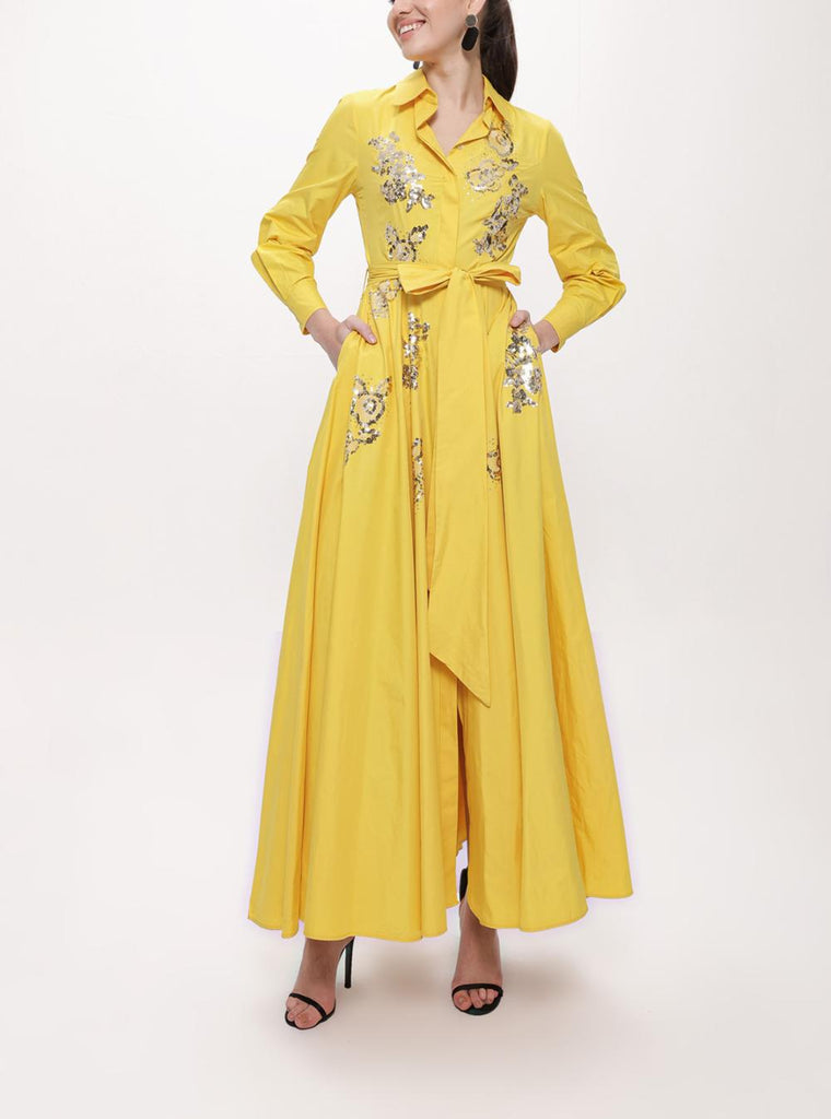 Sarı Payet Nakışlı Uzun Tafta Gömlek Elbise 94159