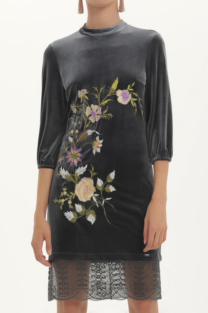 Anthracite Embroidered velvet mini dress 92140
