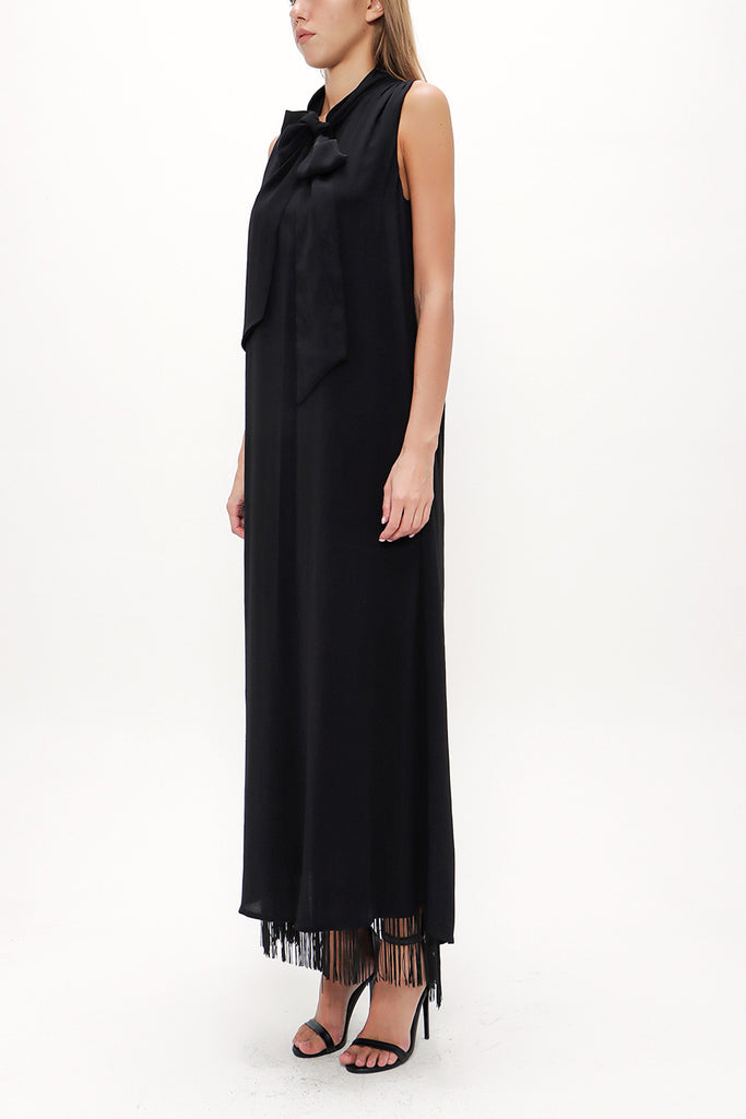 Black Sleeveless slit maxi dress with tassels 92698