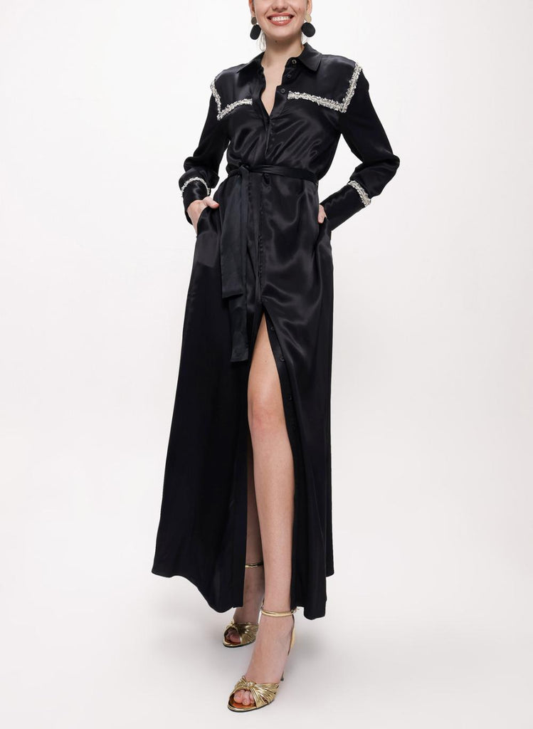 Siyah Şerit Aksesuarlı Kemerli Uzun Gömlek Elbise 94153