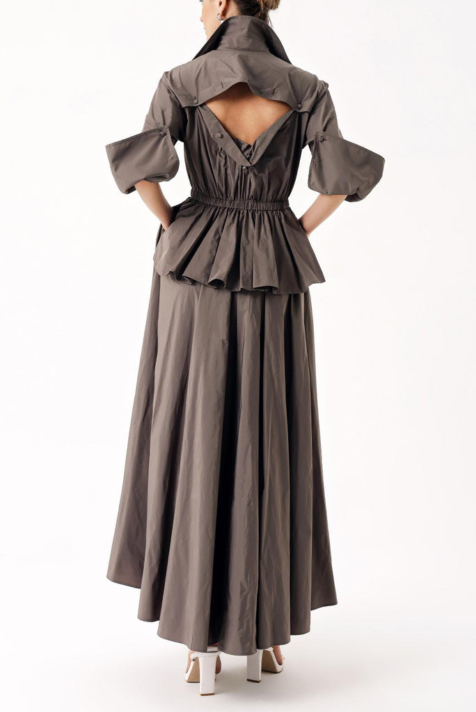 Gri Açılabilir sırt detaylı beli lastikli uzun gömlek elbise 94392