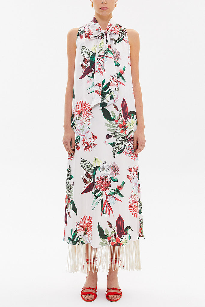 Patterned Sleeveless slit maxi dress with tassels 92698