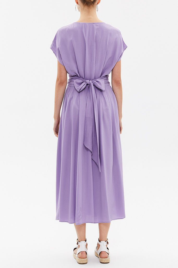 Lilac V-neck waist tie midi dress 92409