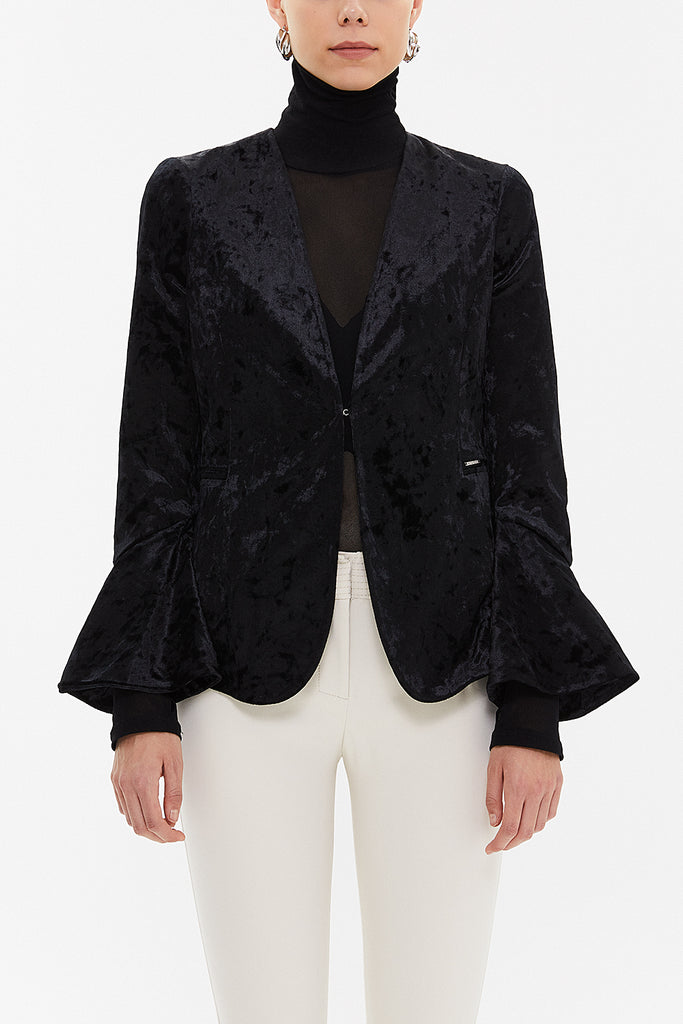 Black Ruffled sleeve velvet jacket 61043