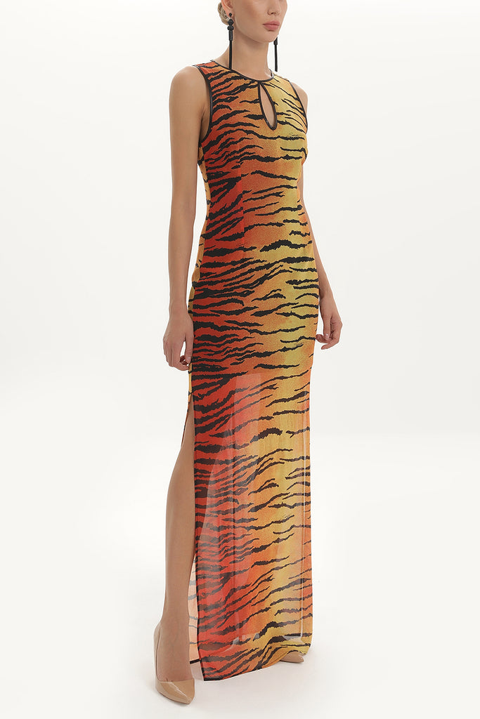 Red Leopardskin strappy  maxi chiffon maxi dress  91364