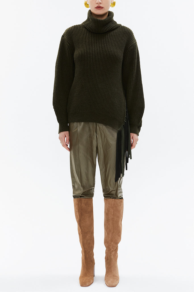 Khaki Turtleneck detail knit sweater with tassels 19816