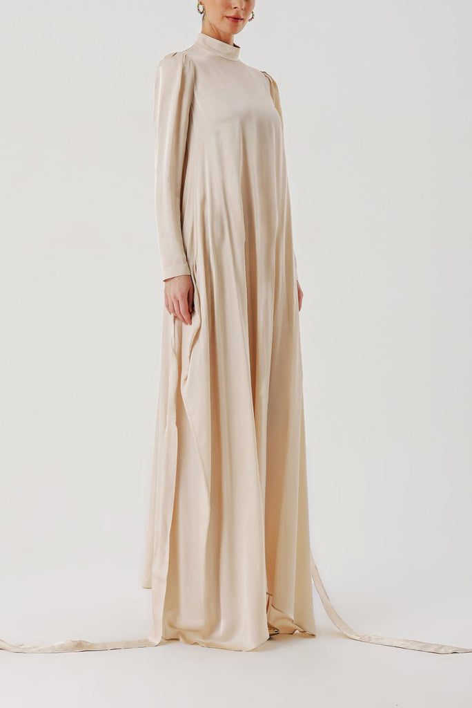 Beige Long dress with a tied waist 94204