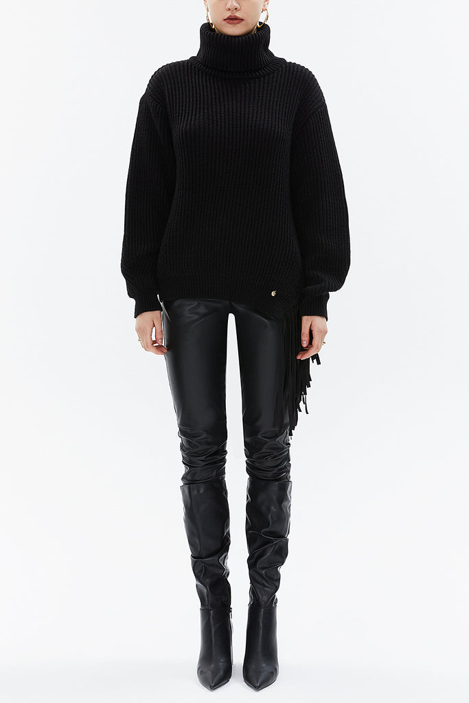 Black Turtleneck detail knit sweater with tassels 19816