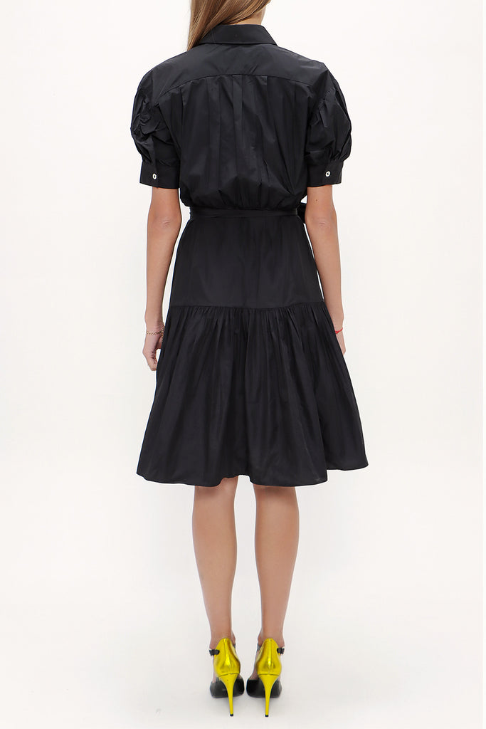 Black Balloon sleeve, gathered midi dress 92724