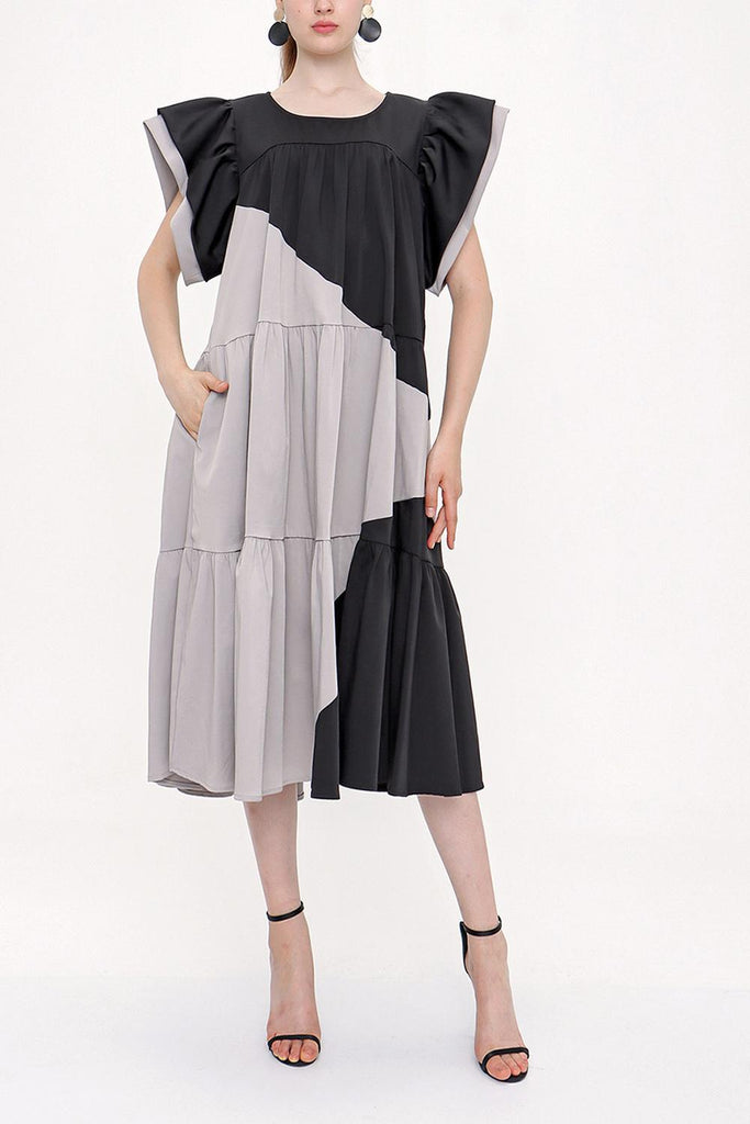 Black Gray Kontrast colorful shirred dress 93944