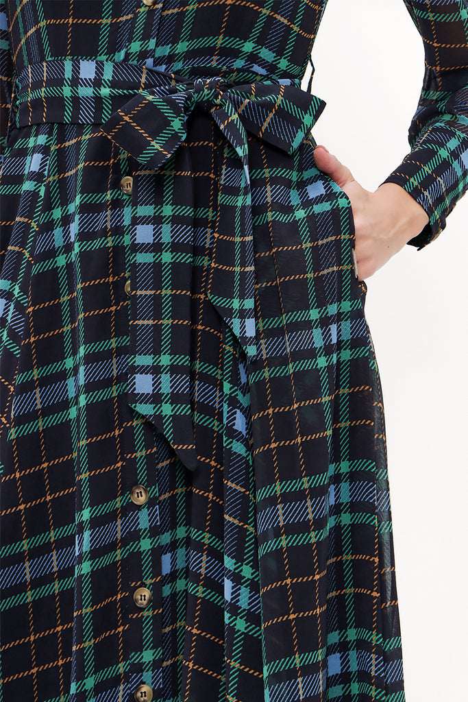 Plaid Button and Belted  Maxi dress   92758