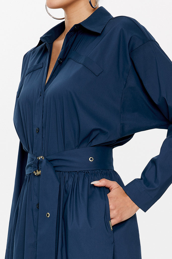 Navy Blue Belted midi dress 92874