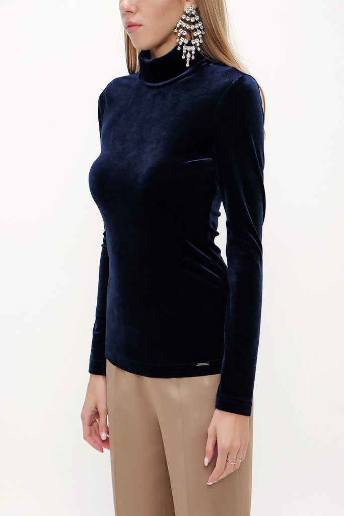 Navy Blue Turtleneck velvet blouse 19647