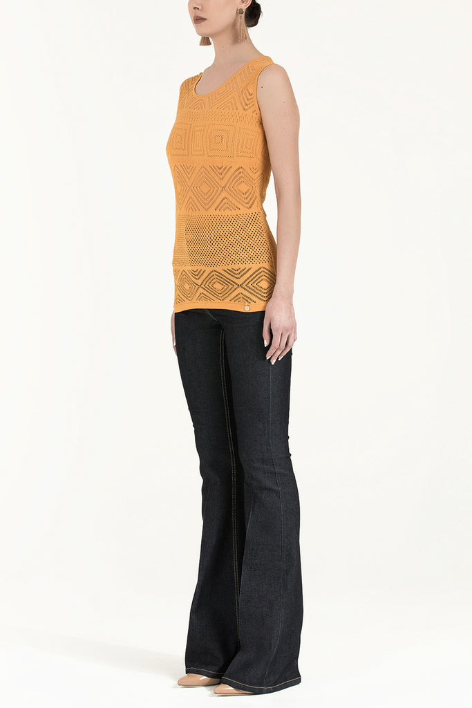 Mustard Hole woven  sleeveless tricot  blouse  28649